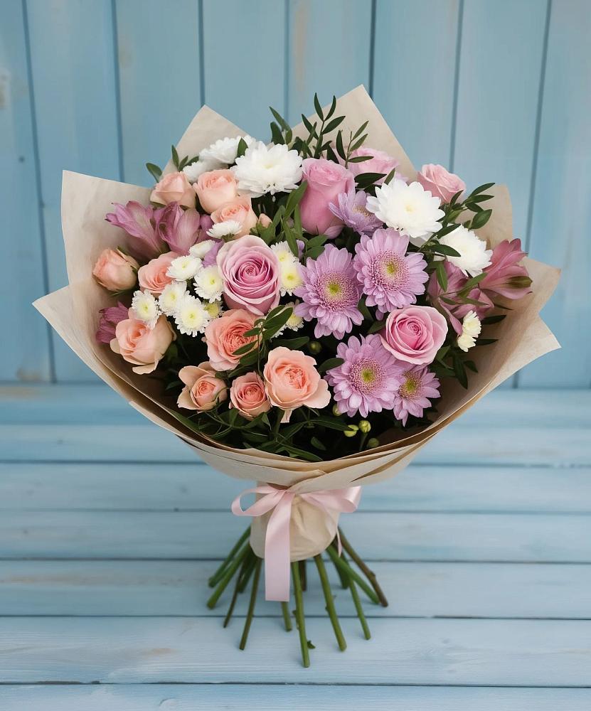 Букет цветов из: Хризантемы, Розы и Альстромерии в Магнитный
