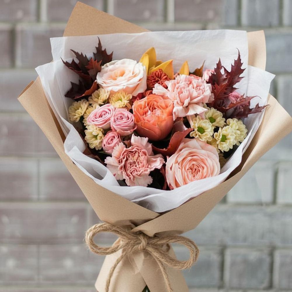 Букет цветов из: Гвоздики, Хризантемы и Розы в Магнитный