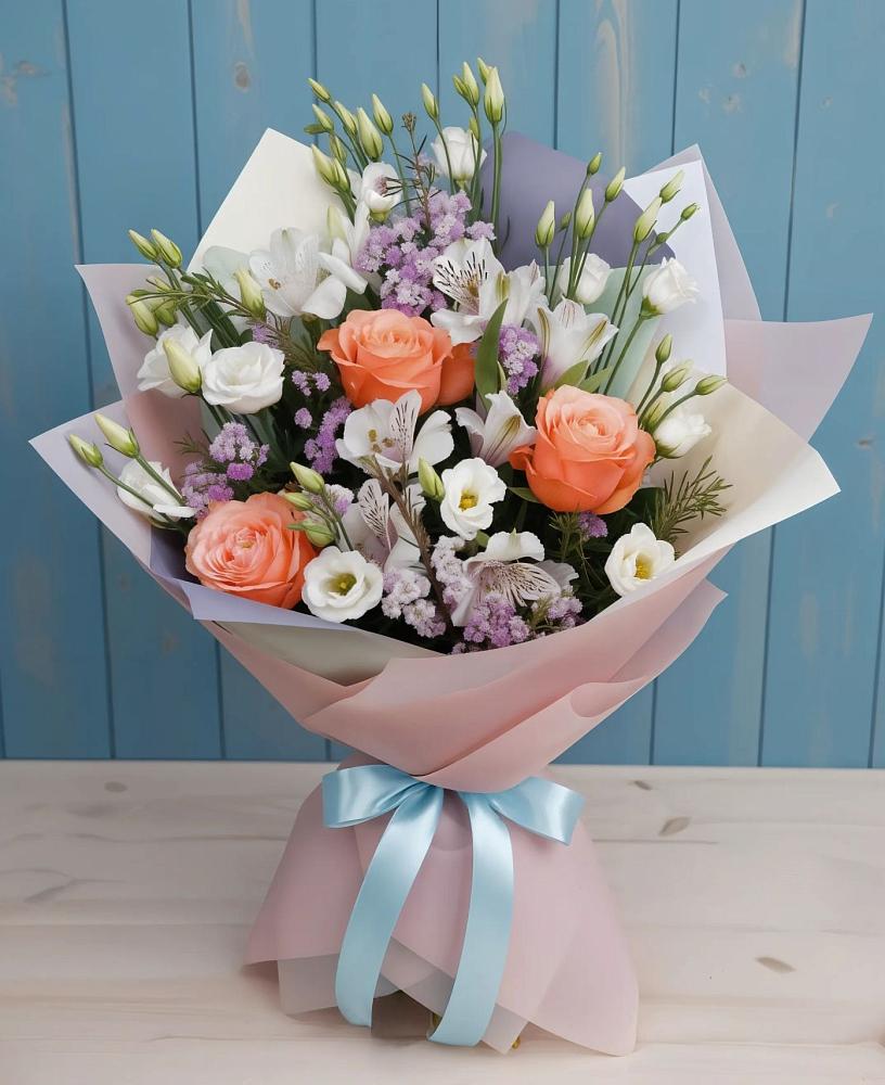 Букет цветов из: Лизиантусы, Розы, Альстромерии и Гипсофила в Магнитный