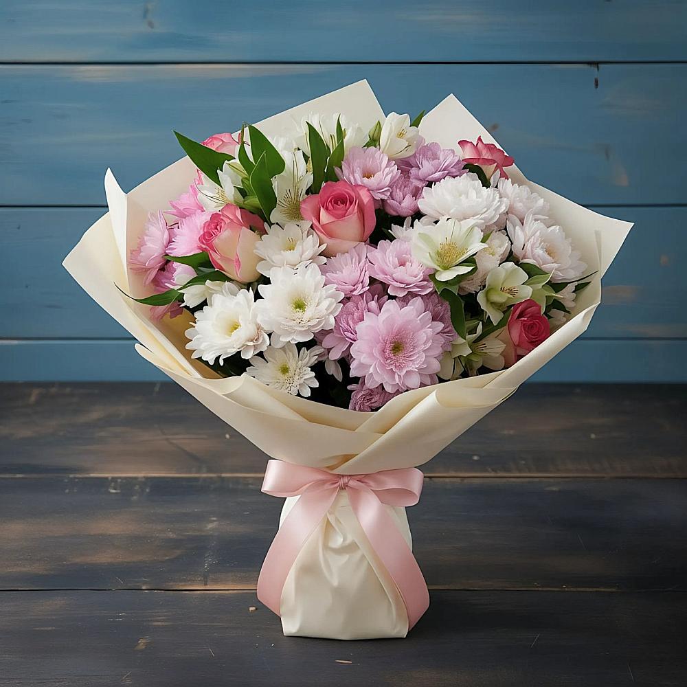 Букет цветов из: Хризантемы, Альстромерии и Розы в Магнитный